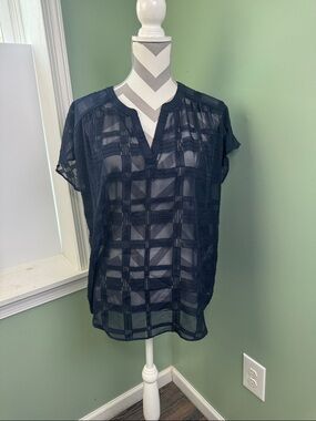 Banana Republic Navy Sheer Grid-Pattern Blouse large